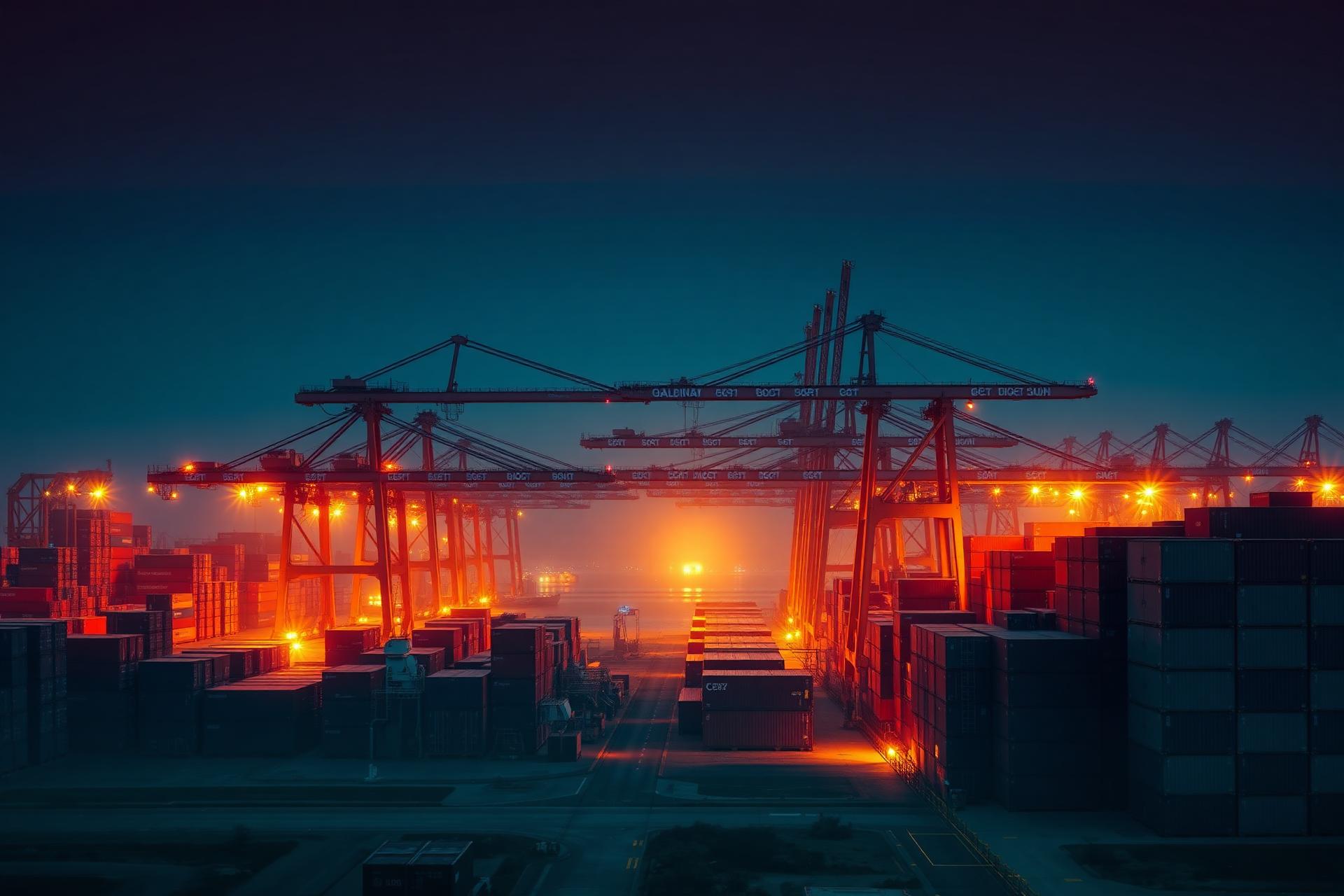 Container port at blue hour